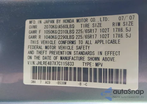 2007 Honda Cr-V Exl z USA, uszkodzony, nr VIN JHLRE487X7C115833